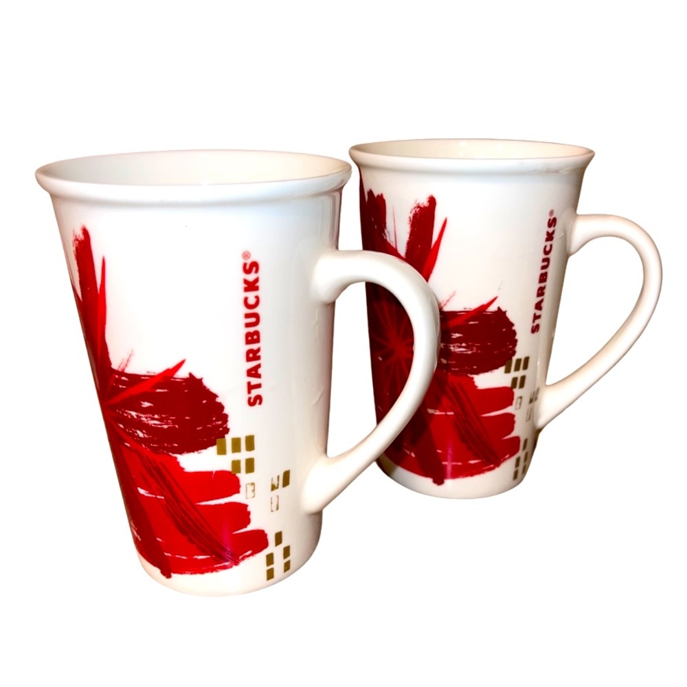 Starbucks 2014 Holiday Mugs: Poinsettia Abstract Design: Set of 2